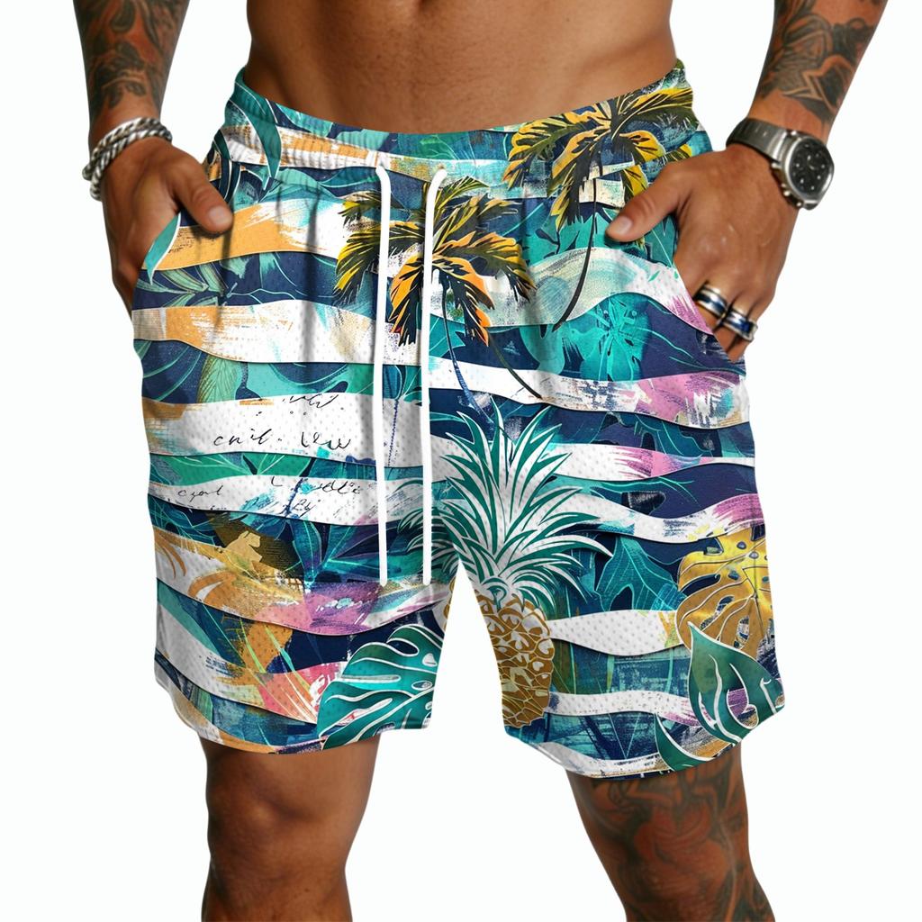 Men's Casual Drawstring Shorts Lightweight Quick Dry Five Inch Inseam Beachwear Hawaiian Print Summer Shorts
