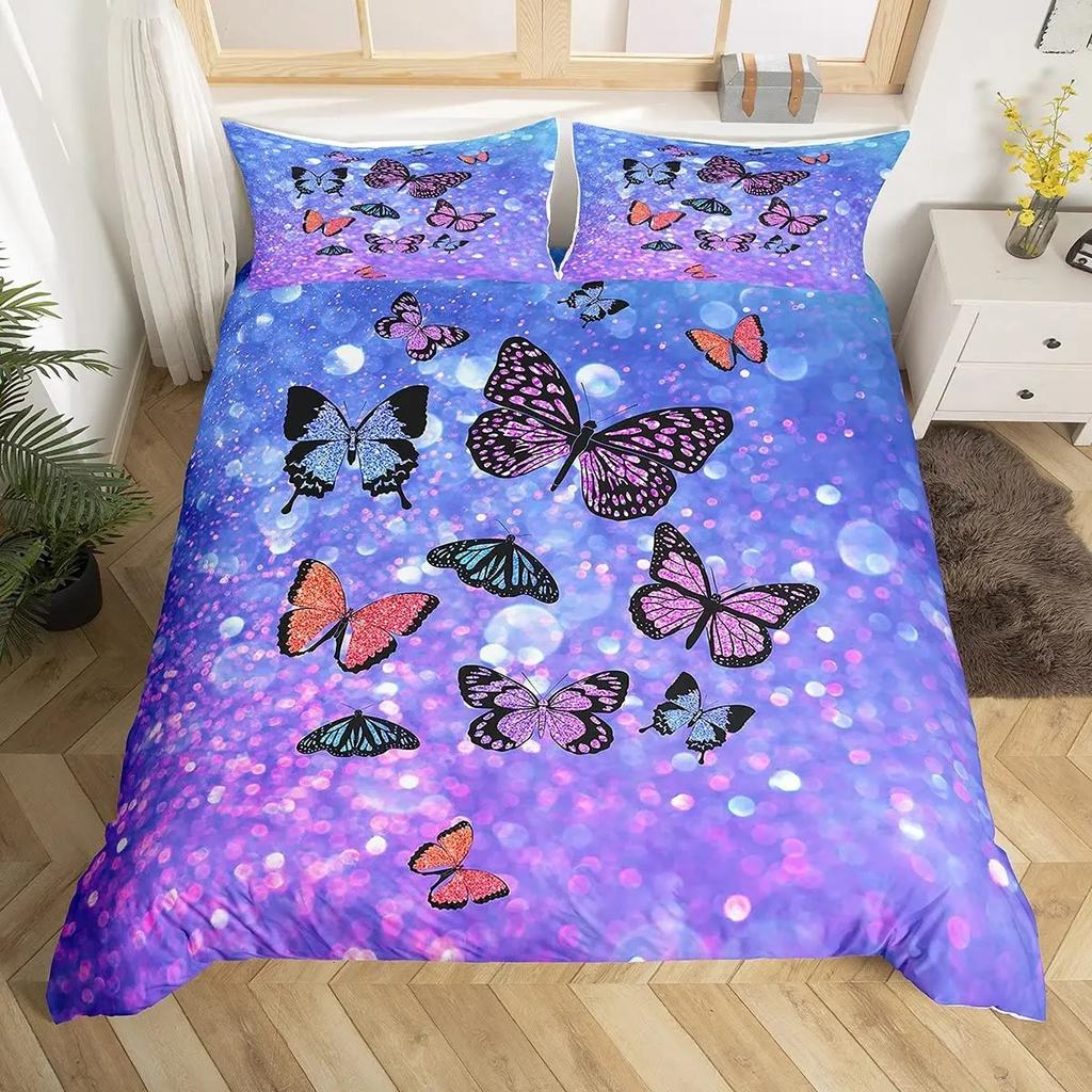 Conjunto de Capa de Edredom Borboleta Roxa Completo Jogos de Cama Borboletas Capa de Edredom Galáxia Para Mulheres,Capa de Colcha Psicodélica Deslumbrante