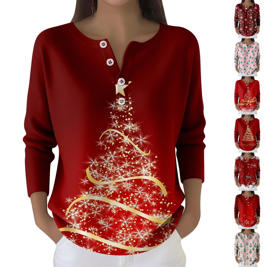 Moda Feminina Manga Longa Top Estampado Floco de Neve Natalino Elegante Top Casual
