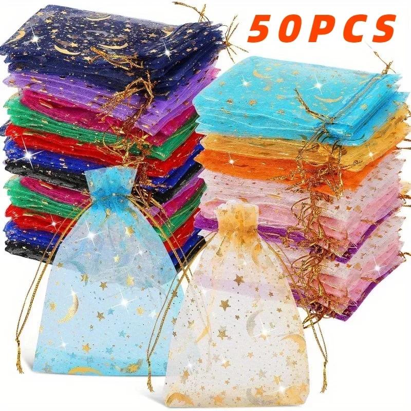 

NEW 50Pcs Moon Star Organza Bag Drawstring Candy Gift Packing Bag Jewelry Pouch Wedding Party Decoration Supply 7x9cm&50pcs