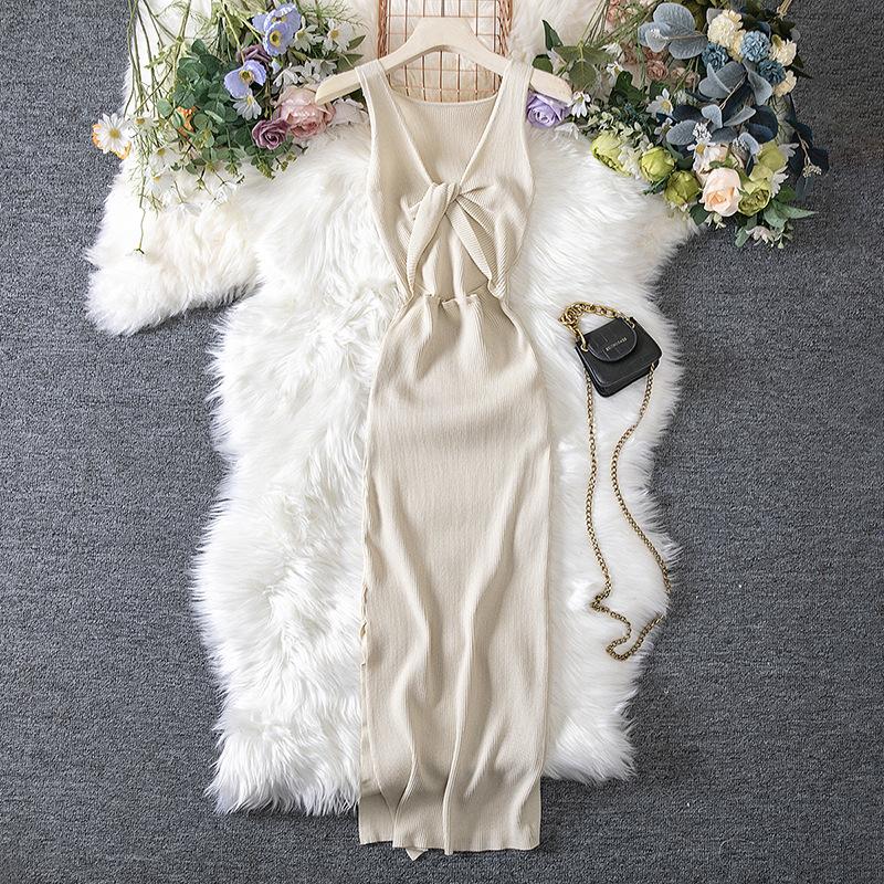 Women's Summer Sexy Twisted Chest Show Heart Machine Hollow Fashion Two Wear Knitted Dress