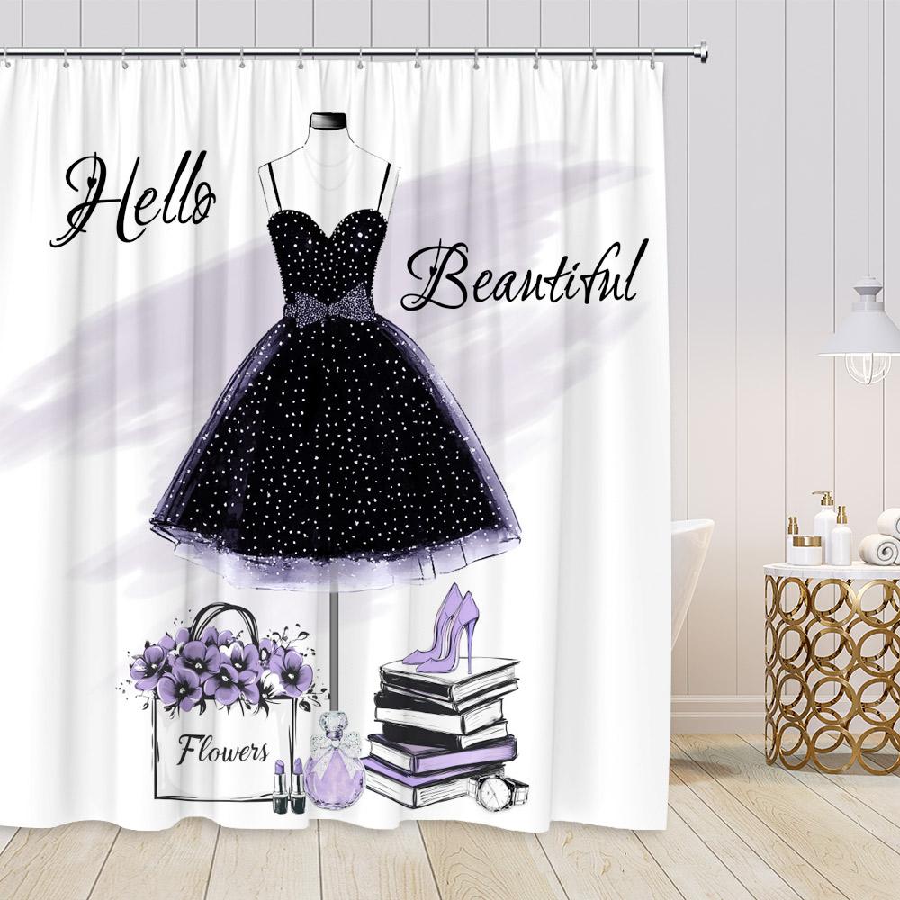Pink Perfume Shower Curtains Cosmetics High Heels Flowers Black White Stripes Bathroom Decor Girl Fashion Vintage Bath Curtain