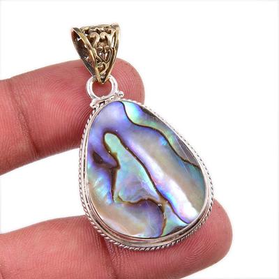 Natural Abalone Shell Gemstone 925 Solid Sterling Silver Jewelry Pendant 2" q1J34