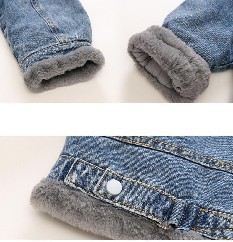 Patchworkowe kieszenie aksamitna gruba kurtka dżinsowa dla nastoletnich dziewcząt zimowe ciepłe duże futrzane dżinsy z kapturem płaszcz dzieci bomber kurtki nastolatek