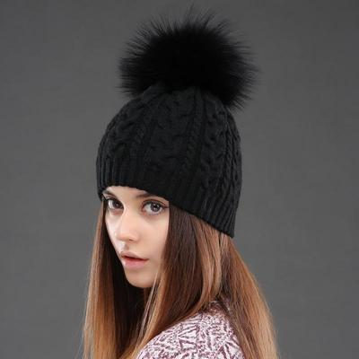 Women's Double Layer Winter  Warm Fried Dough Twist Knitting Raccoon Wool Pulllover Hat