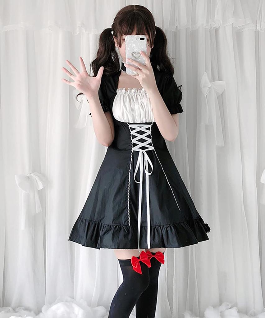 Robe Lolita pour femme Milky Time avec manches bouffantes, ras-du-cou et longueur mini, noire, costume de cosplay