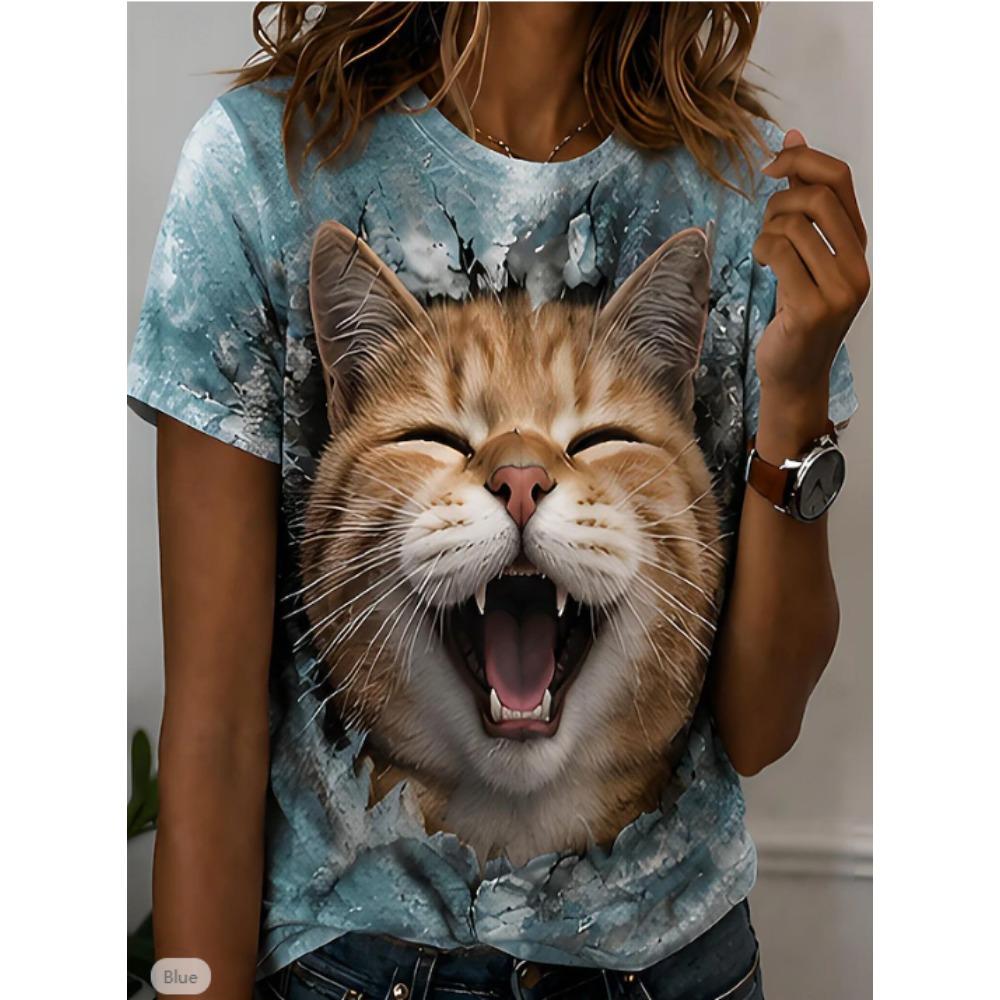 Fashion Women Retro Creative Cat Pattern Print T Shirt Funny Casual O-neck Short Sleeves T-shirt Summer Female Tee Shirt
