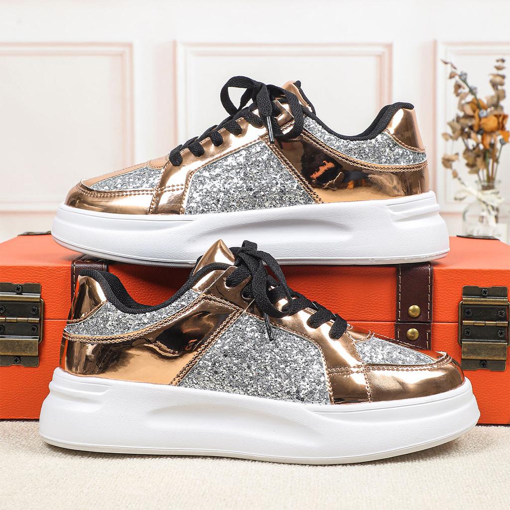 high-end Sequins Silver Leather Sneakers Flat Non-slip Casual Shoes Women 2026 Ladies Sports Comfortable Walking Shoes Outdoors