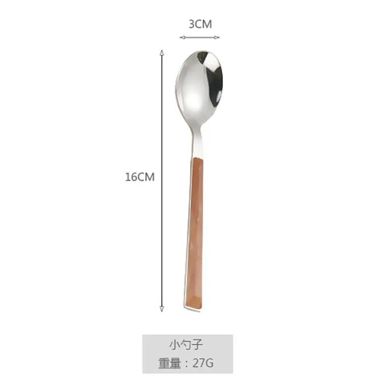 

Glossy Silver Wooden Western Food Knife Fork Teaspoon Cutleries 304 Stainless Steel Dinnerware Sets 4Pcs