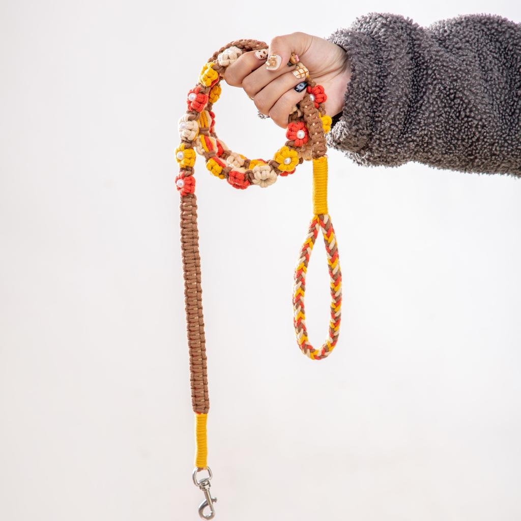 59 Inch Soft Cotton Rope Lead,Handmade Braided Dog Leash with Flowers for Small & Medium Dogs, All-Season for Walking, Training, Pet Accessories