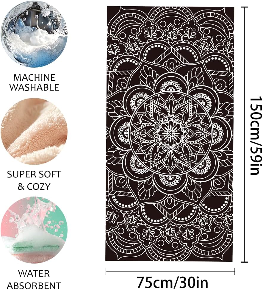 Boho Mandala Beach Towel Microfiber Oversized Lightweight Beach Towel Sandproof Quick Dry Black Flower Towels Swim Pool Beach