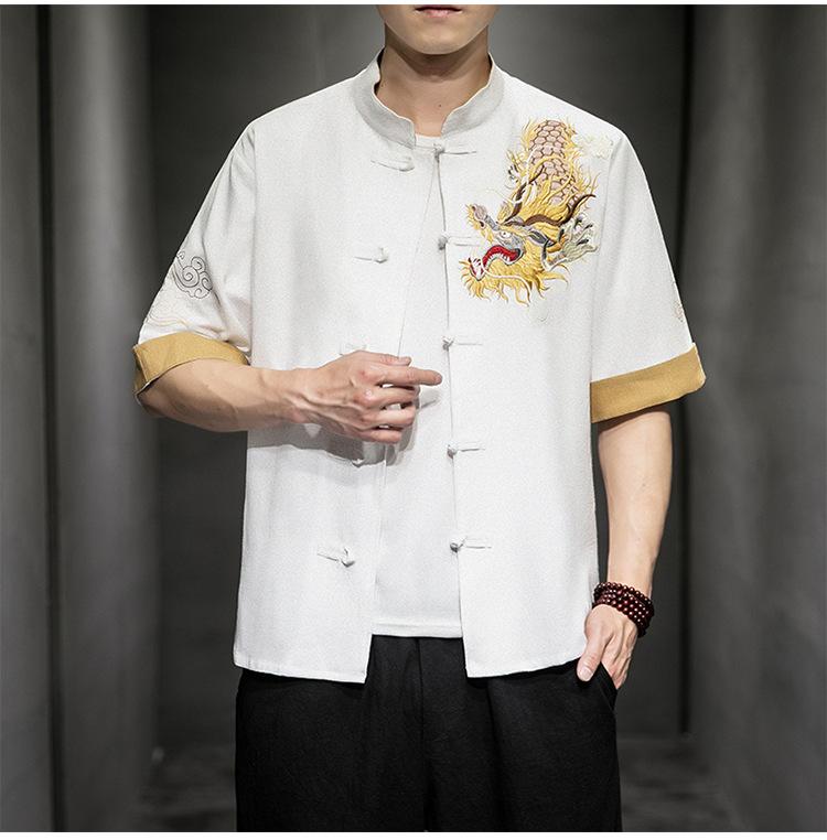 Camicia Casual da Uomo Stile Cinese con Ricamo di Drago, Collo Rialzato, Manica Corta, Taglia Larga