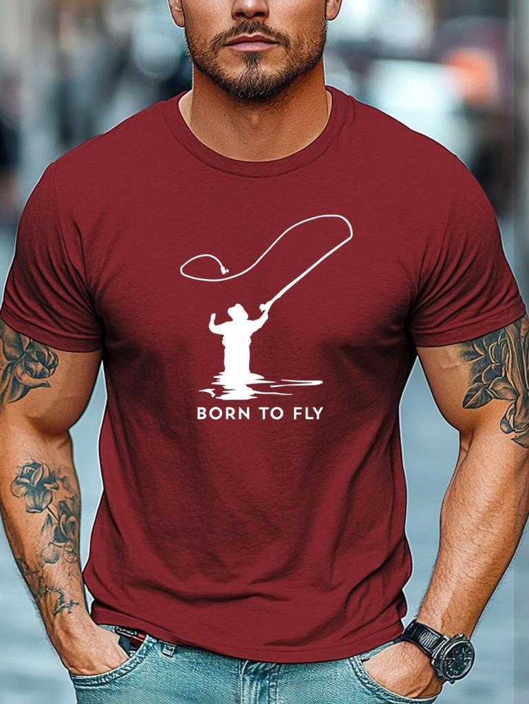 Men's Summer Fun Fishing Pattern T-Shirt Minimalist Solid Color Short Sleeve Top Fashion Versatile Skin Friendly Men's Clothing