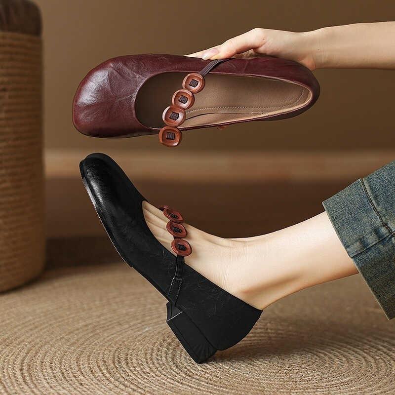 Vintage Round Head Thick Heel Single Shoes Women's Button Elastic Band Light Mouth Soft Leather Mary Jane Shoes