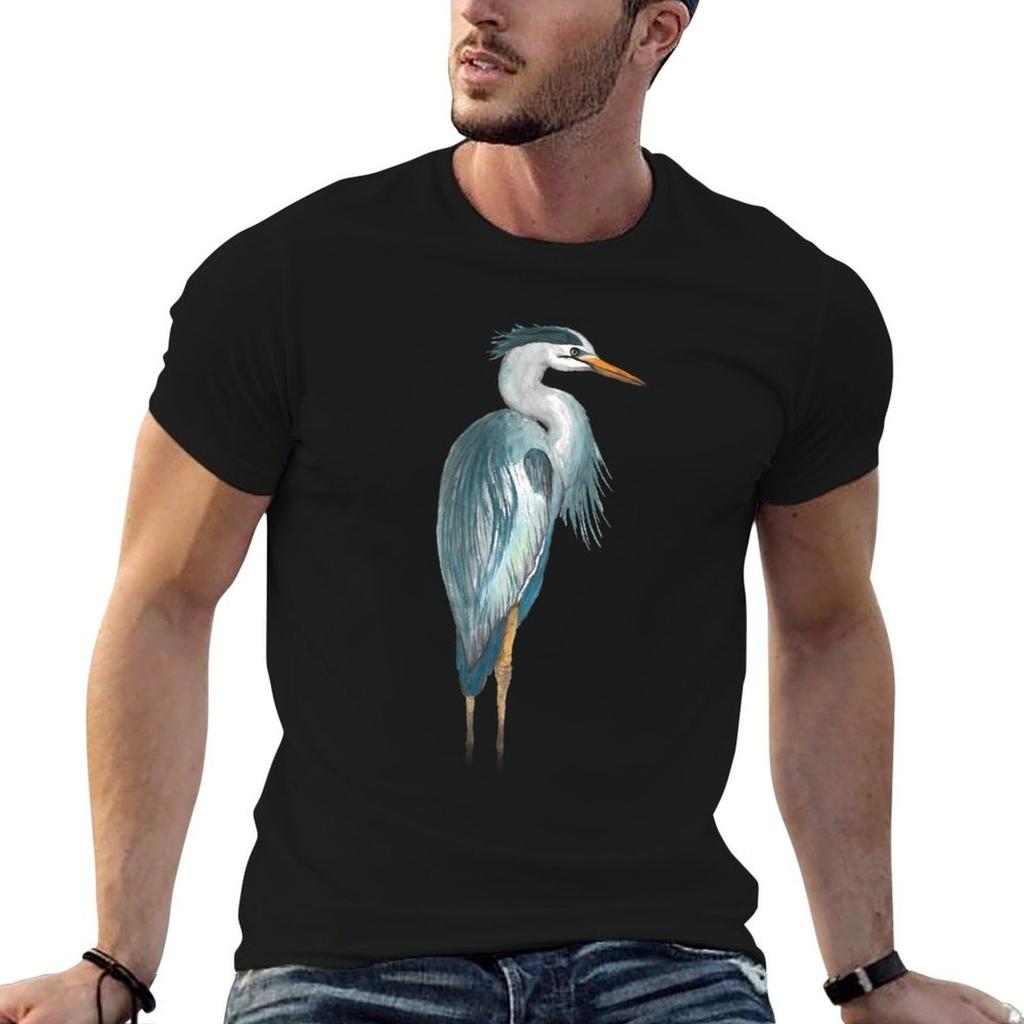 Grey heron watercolor painting T-Shirt Street Casual Tee Shirt