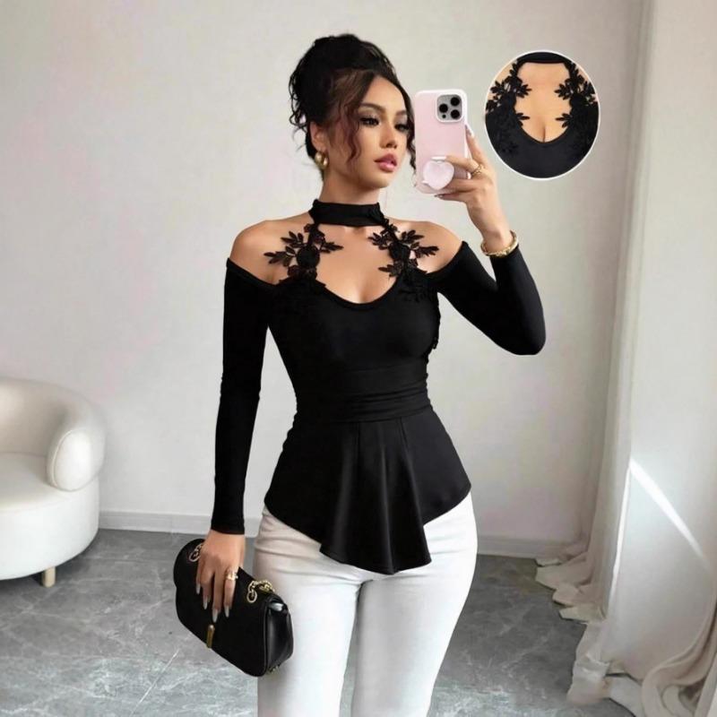 European American 2025 Autumn Winter New Hollow Off-shoulder Applique Pleated Curved Hem Slim Versatile Top