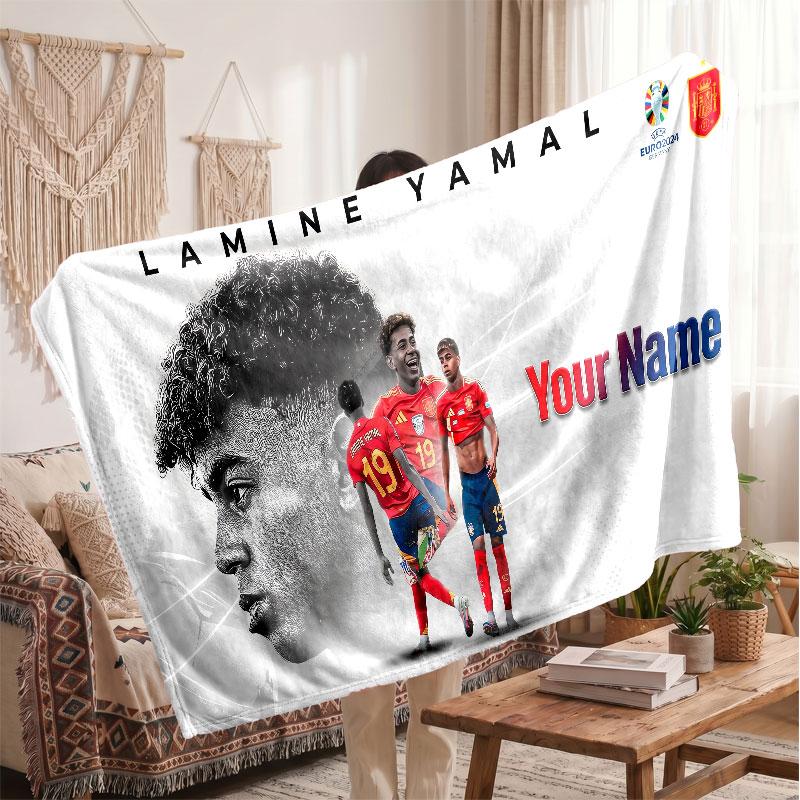 Coperta in pile personalizzata Lamine Yamal con logo del calcio, testo con nome personalizzato, morbida, calda, coperta da divano per la casa
