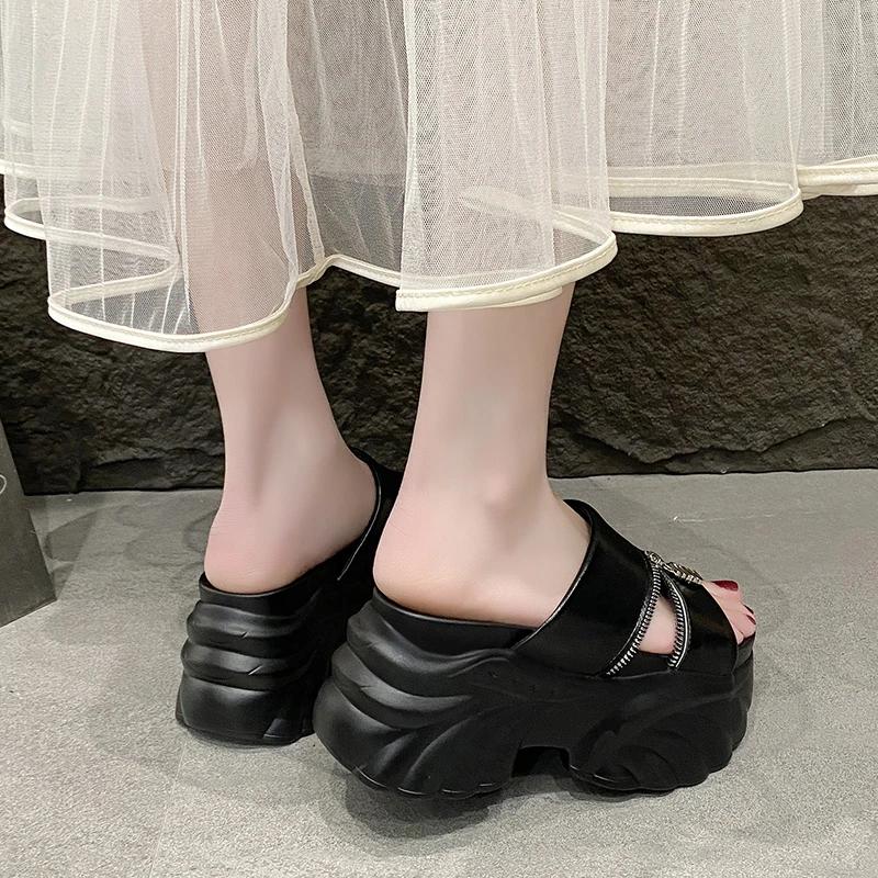 Fashion 9CM Women ZIP Style Chunky Slippers Summer Ladies Beach Flip-Flops Wedges Heels Outside Sandals Black Woman High Platform Shoes