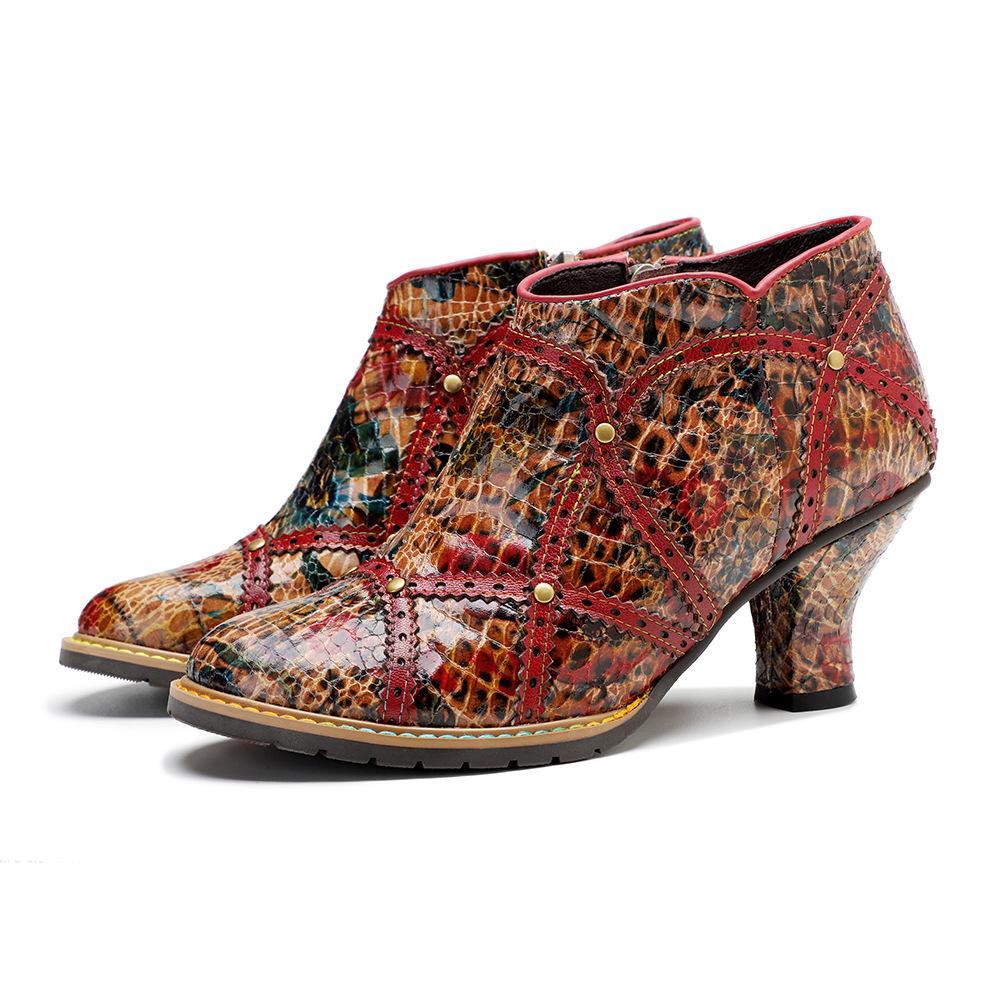 Johnature Rýt Spliced ​​Fashion High Heels Dámské z pravé kůže s kulatou špičkou Všestranné lodičky