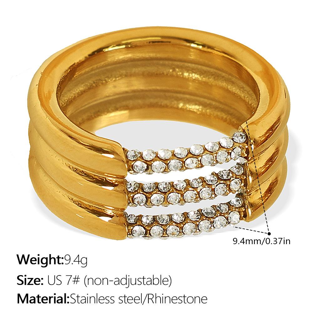 Three-layer Ring with Rhinestones, Stainless Steel Fashion Simple Design, Gold-plated Stainless Steel Ring for Women