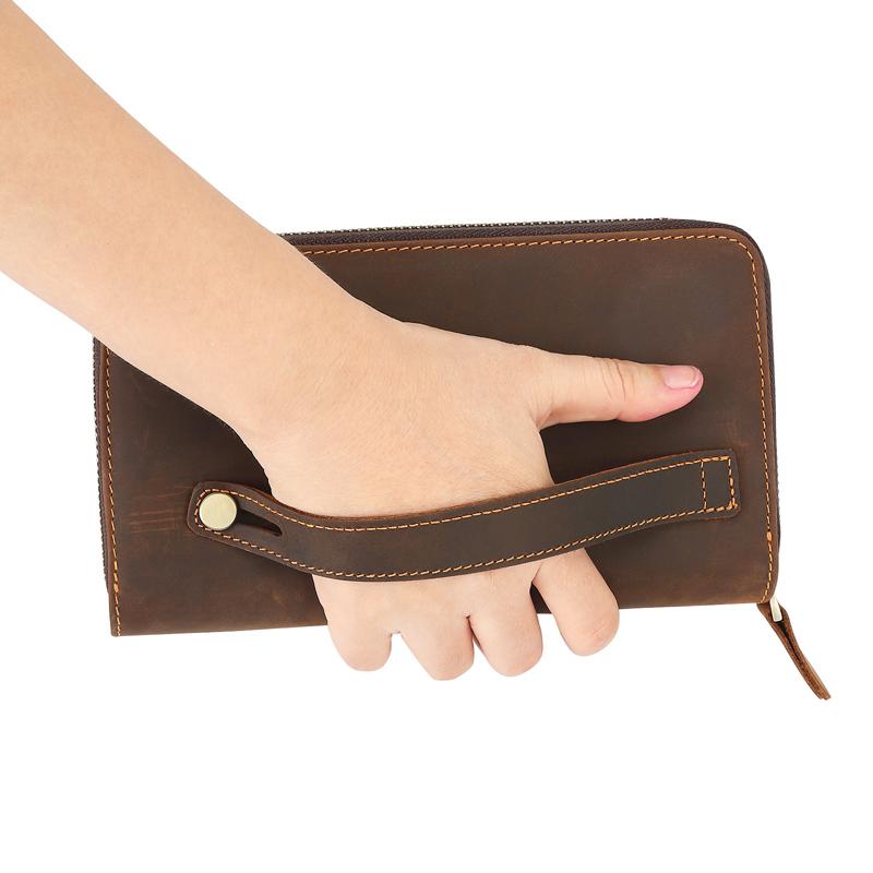 Men's Handheld Wallet Genuine Leather Lg Wallet Brand Designer Luxurious Business Phe Bag Retro Crazy Horse Leather Handbag