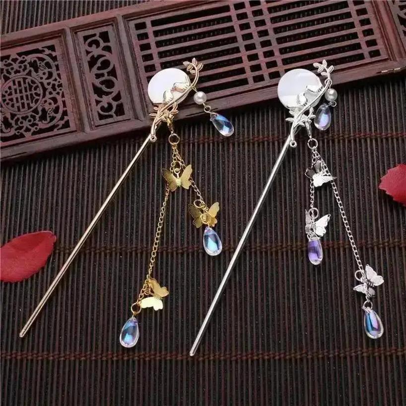 Moon Bird Crystal Tassel Hairpin Creative Ancient Costume Accessories Retro Hairpin Simple Fashionable Women Traditional Jewelry