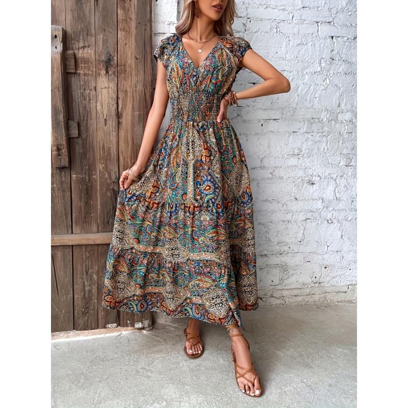Sommer Kurzarm V-Ausschnitt Bedruckt Locker Damenkleid Mode Floral Plissiert Elastische Taille Slim Fit Bohi A-Linie Partykleid Urlaubskleidung