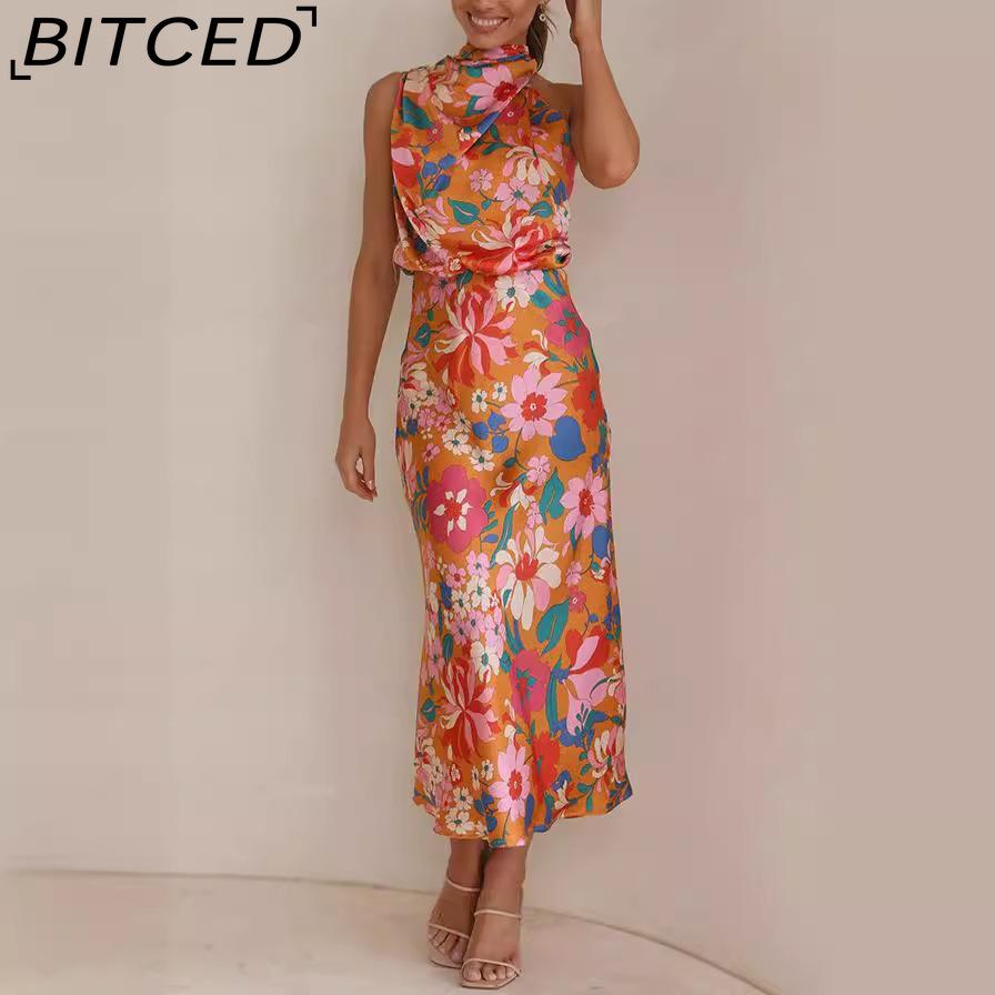 BITCED Sleek and Sophisticated Women's Sleeveless Strappy Printed Satin Dress