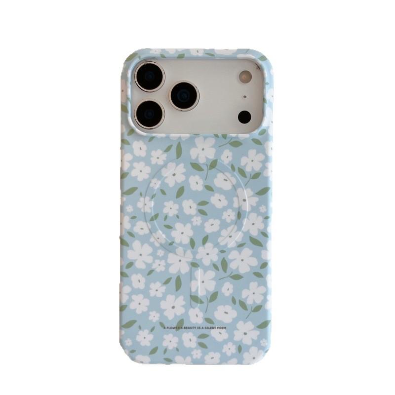 Apple iPhone 17 Pro Max/16 Pro Blue Magnetic Film Case White Floral Design Hearts Girl