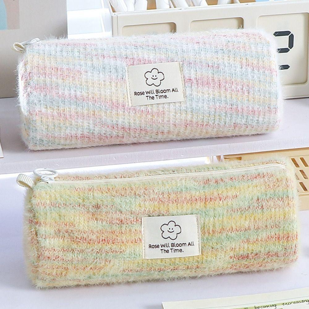 Portable Large Capacity Woven Pencil Case Canvas Plaid Scratch-proof Cosmetic Storage Bag Little Fragrance Kawaii Pen Bag Travel