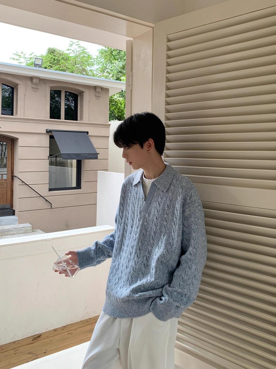 

Men s Korean Style Two-Piece Look Lapel Knit Pullover: Trendy Loose-fitting Long Sleeve Sweater for Autumn/Winter XL синій
