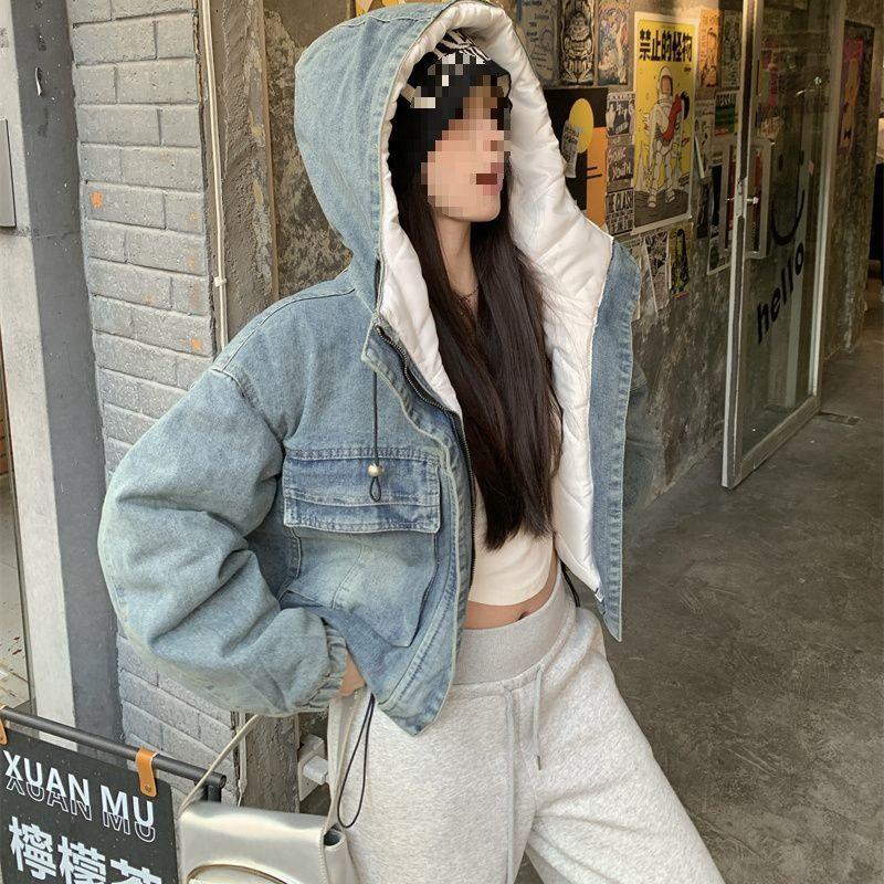 

Ретро Повседневная Джинсовая Утепленная Куртка с Капюшоном для Миниатюрных Женщин - Стильный Осенне-Зимний Дизайн XL (115-130 jin) белый