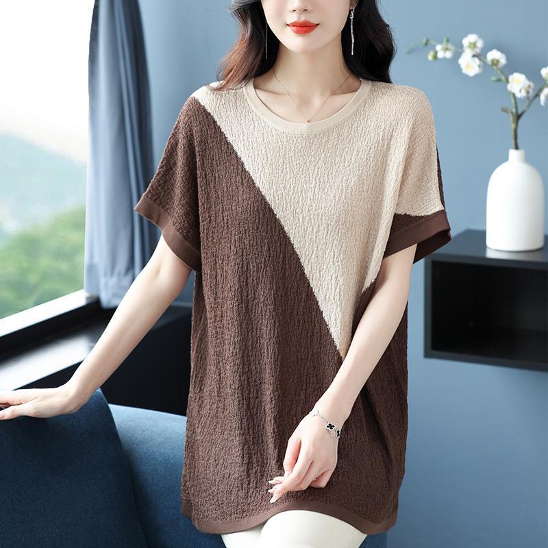 Large Size Loose Color Blocked Ice Silk Medium Long Casual Short Sleeved Knitted Top for Women