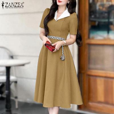 Women Casual V-Neck Summer Short Sleeve Elegant Dress