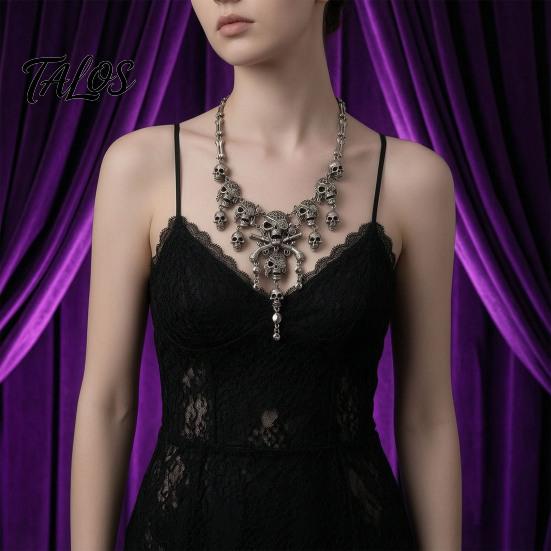 Accessori Estetica Oscura Collana con Teschio e Nappe Multistrato Vintage, Bracciale Collana Horror da Donna per Gioielli di Moda Edgy Donna, Gotico Halloween
