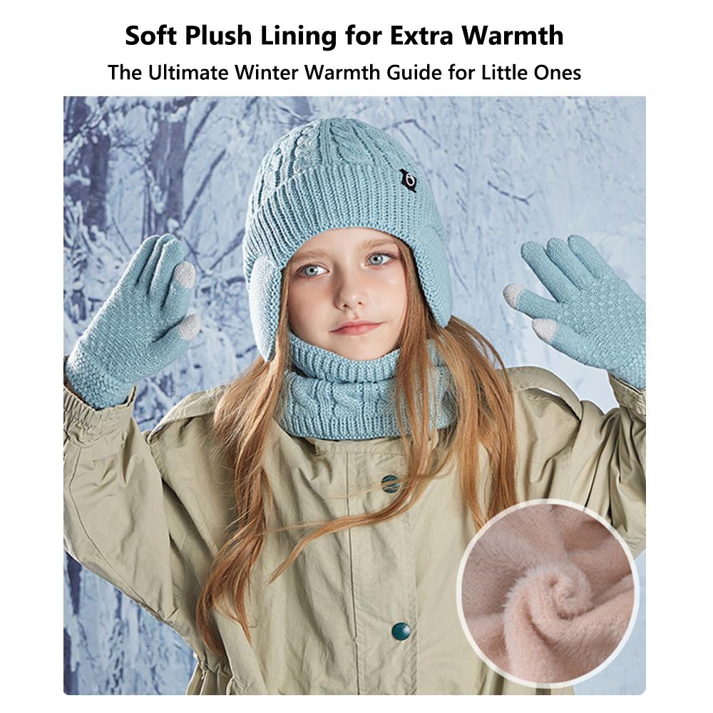Fleece Lined Kids Earflap Beanies Winter Touchscreen Gloves 4-10Y Neck Warmers for Boys and Girls