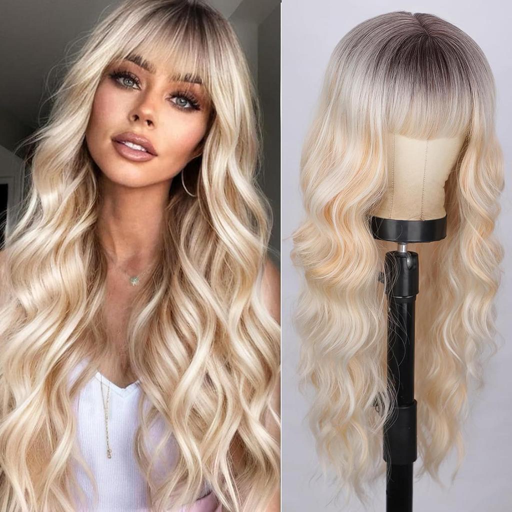 Bangs 26 Inches Deep Wave Body Wave Long Curly Synthetic Hair Wig Heat-Resistant Glueless European American Women High