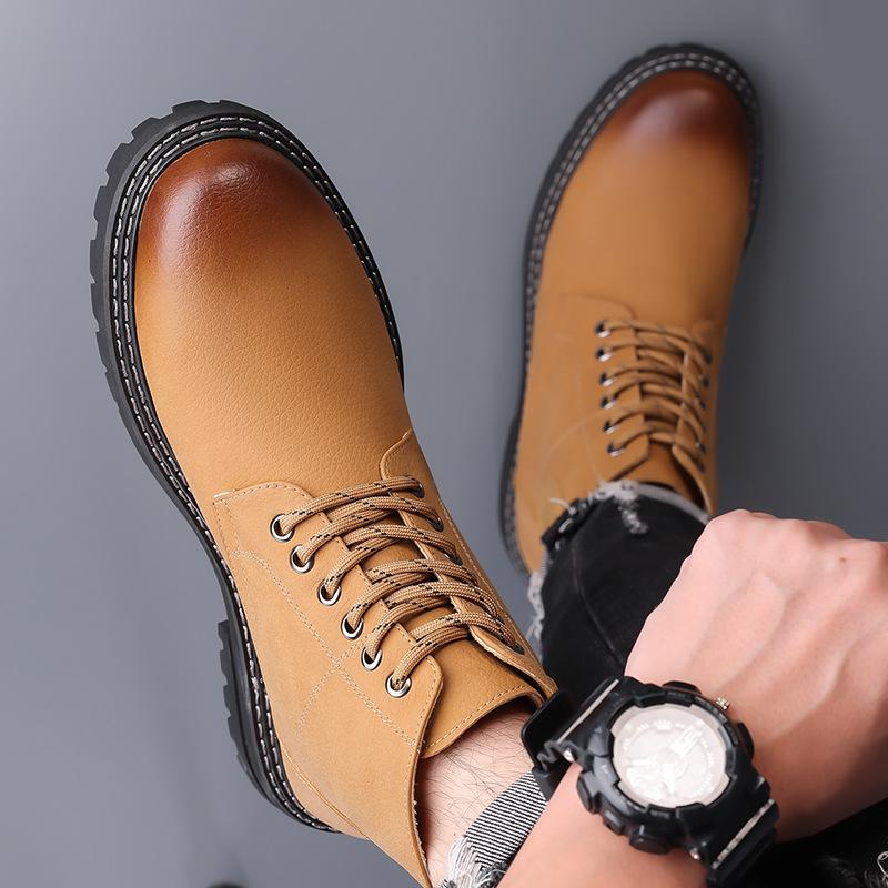Fashion Autumn Winter Platform Boots for Men  Fashion Casual Cow Leather Yellow Cotton Shoes Male Solid Color Wool Work Boots Man