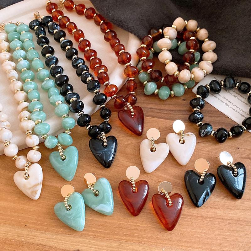 Bohemian Heart Shaped Beaded Earrings and Pendant Clavicle Chain Fashion Jewelry for Women Holiday Gift Idea