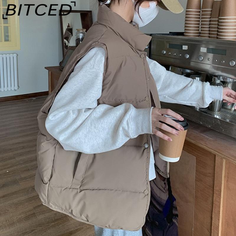 BITCED Down-Filled Cotton Vest for Women Stand-Up Collar, Short-Length Autumn/Winter Loose-Fit Cotton Jacket Lightweight Vest Outerwear