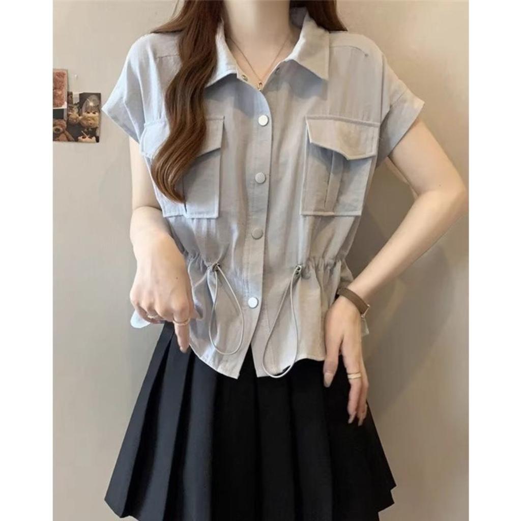 Belly,covering PLOL Collar Workwear Shirt For Women, Summer Plus,size Slimming Drawstring Casual Top