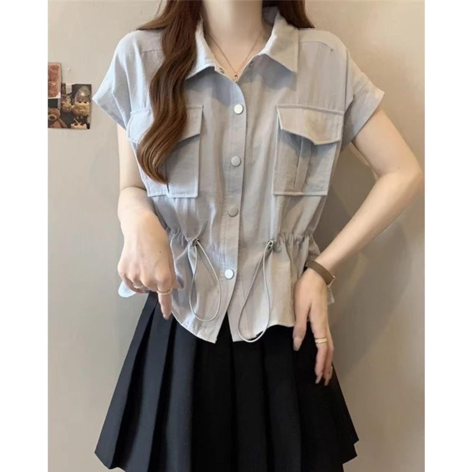 

Belly,covering PLOL Collar Workwear Shirt For Women, Summer Plus,size Slimming Drawstring Casual Top XXXXL