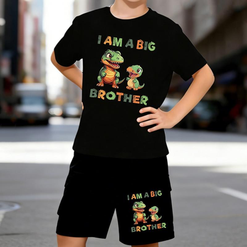 

Boys 2 Piece Dinosaur printed Outfit, Short Sleeve T-Shirt and Shorts Set for Kids Age 5-14,Black and White Sporty Casual Summer Clothes 5-6 Years чёрный