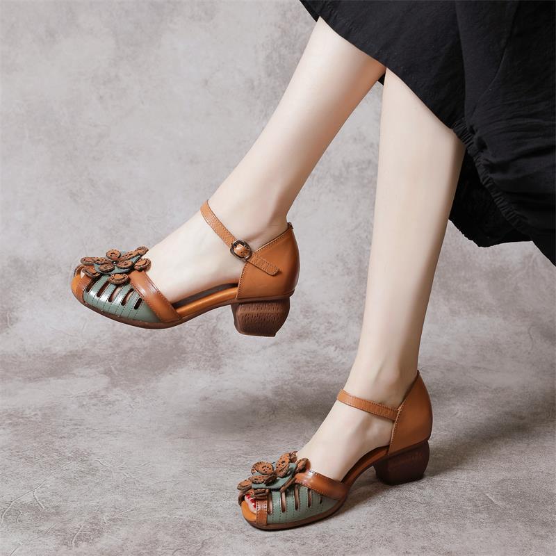 Echtes Leder Damen Schuhe Sommer Handgemacht Retro Damen Sandalen Dicker Absatz Rindsleder Hohle Fischmaul Blume Weiblich Hohe Absätze