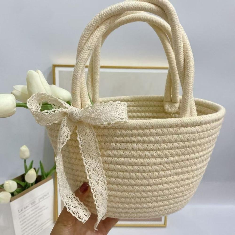 

Cotton Thread Woven Cotton Rope Woven Bag Lightweight Pure Color Handbag Bucket Shape Boho Shopping Basket Resort Wear