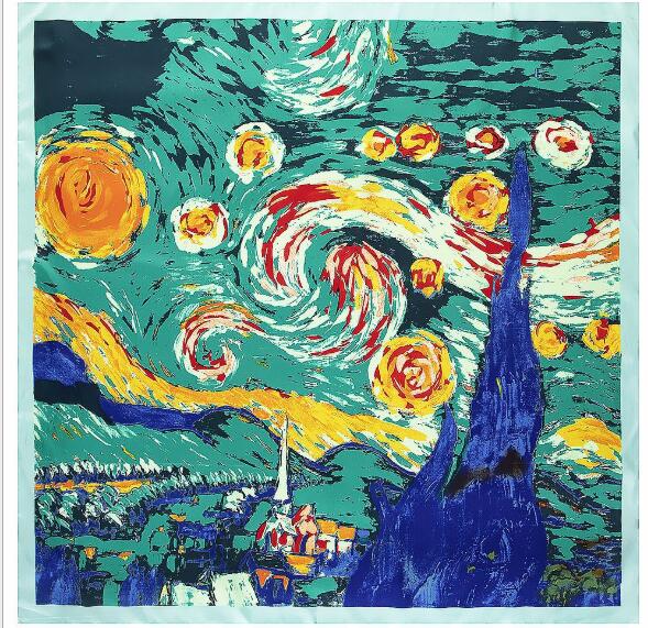 130*130cm Women Silk Square Scarf Van Gogh Starry Night Oil Painting Shawls and Wraps Foulard Femme Luxury Hijab Head Scarves