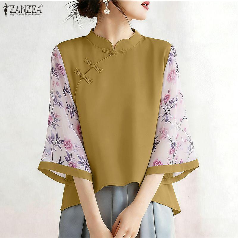 ZANZEA Damen Freizeit Print Transparent Einsatz 3/4 Ärmel Stehkragen Bluse