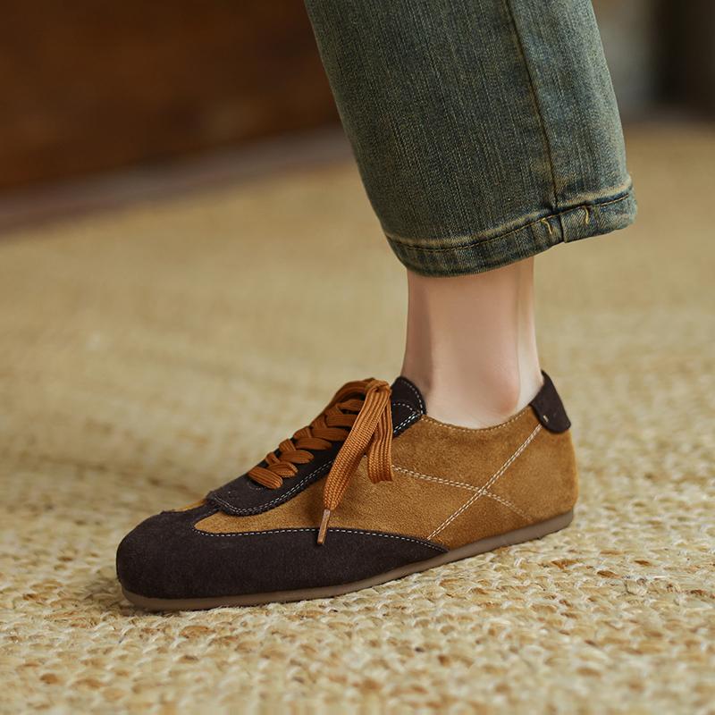 Fashion Retro Cow Suede Leather Casual Loafers for Women Flats Shoes Lace-Up Low Heels Spring Shoes 2025 Soft Office Dress Size 35-42