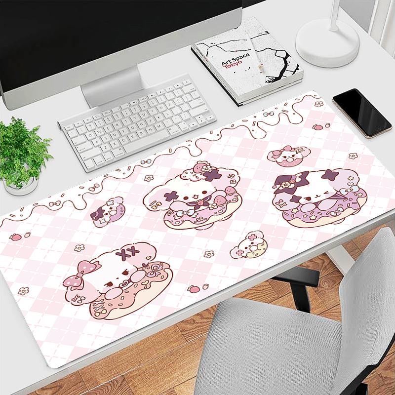 Gaming Mouse Pad Antislip Stitched Edges Pink Cute Cartoon Artwork Print Keyboard Pad for Gamer Home Office Desk Mat