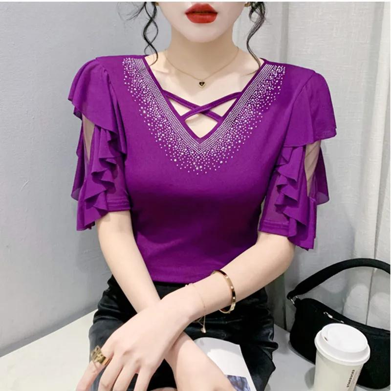 

Летняя Сексуальная Блузка с Рюшами Элегантная Прозрачная с Коротким Рукавом Высококачественный Дизайн с Горячими Бриллиантами V-образный Вырез Сетка Для Женщин Топы Футболки Блузка M фиолетовый